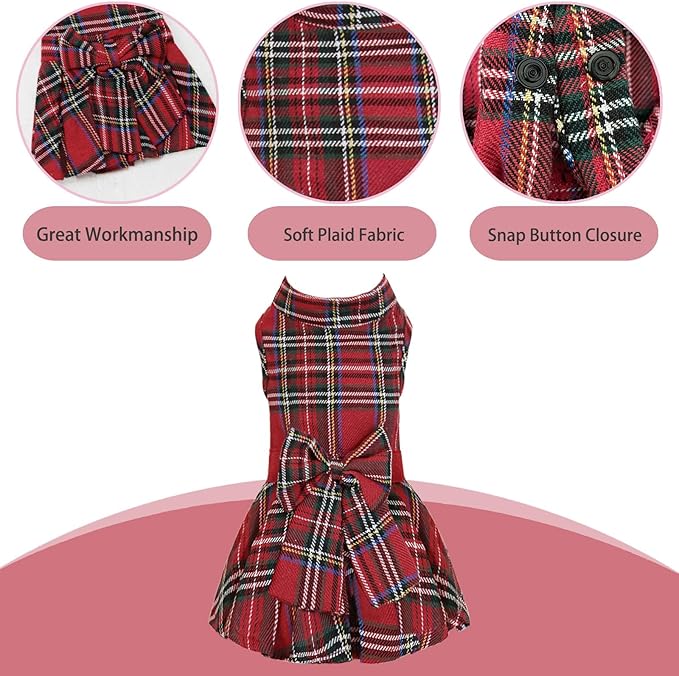 Classic Plaid Dog Dress with Bow Tie for Small Dogs Cats Girls, Cute Puppy Dresses Clothes with Bowknot Chihuahua French Bulldog Pet Apparel Outfits (Cranberry Red, XX-Small)