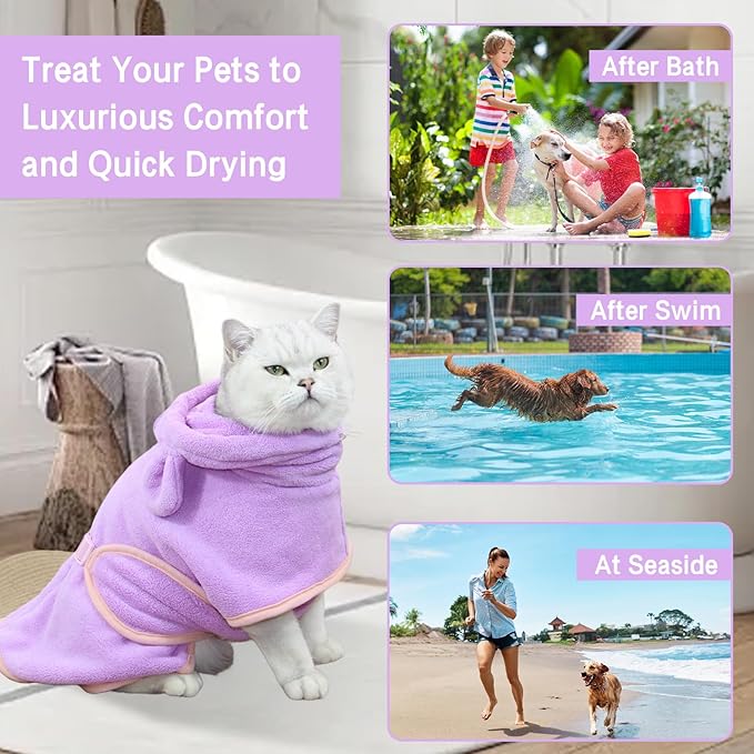 Pet Bathrobe for Dog Cat Absorbently Quick Drying Coat Cute Dogs Bath Towel Hooded Robe Adjustable Collar & Belly Strap for Pool Beach (Purple, X-Small)