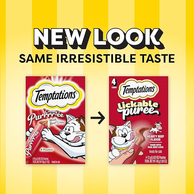 Temptations Creamy Puree Squeezable Lickable Cat Treats, Wet Cat Treats with Beef Liver, 0.42 oz. Tubes, 4 Count, Pack of 11 (44 Total)