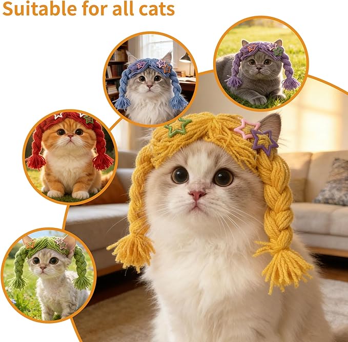 Cat Wig for Small Dogs & Pets, Cute Braided Yarn Costume, Funny Birthday Outfit Clothes, Soft Lightweight Accessory for Photos, Party Props and Daily Wear (Green)
