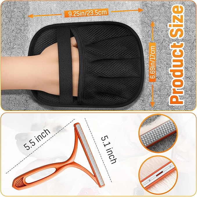 3pcs Large Pet Hair Removal Gloves for Cats | Electrostatic Magic Brush for Clothes, Beds, Sofa, Carpets | Fur Hero | Thickened Newly Upgraded | Fur Remover Mitt for Dogs, 2 Gloves + 1 Lint Scraper