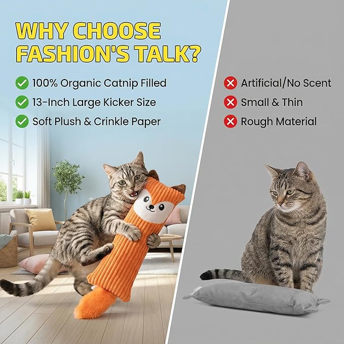 Fashion's Talk Catnip Toys for Indoor Cats, 2-Pack Large Plush Fox & Owl Kicker Toys, Cat Chew Toys with Crinkle Sound Organic Catnip – Hunting Instincts Exercise (2)