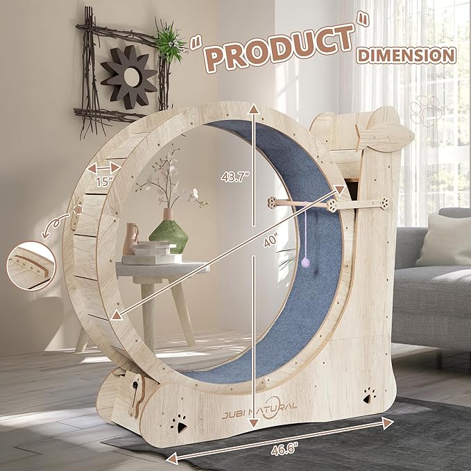 Cat Exercise Wheel for Indoor Cats, 43" Interactive Cat Running Wheel with Scratching Board, Teaser Toy & Storage Shelf, Quiet Carpet Track, Safety Lock, Anti-Pinch Cat Treadmill for Energy Release
