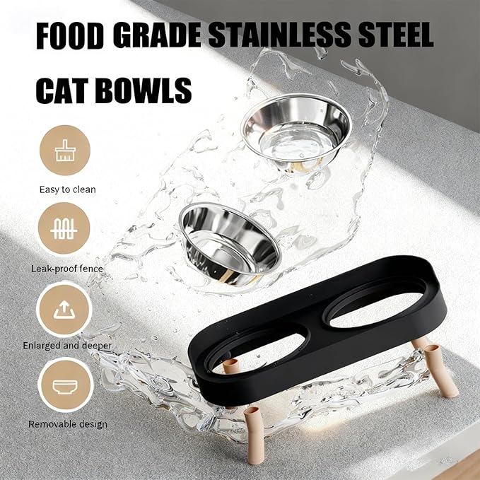 Raised Cat Feeder 2 Bowls in 1 Feeding & Watering Supplies 15° Raised Puppy 2 Stainless Steel Bowls Wood Stand Cats Accessories(Black)