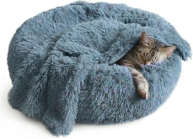 Whiskers & Friends Cat Beds for Indoor Cats, Fluffy Calming Donut Cat Bed, Small Dog Bed Washable - Orthopedic Soft Plush Pet Beds Sized for Kitten to Large Cats & Puppy to Small Dogs - Navy Grey C