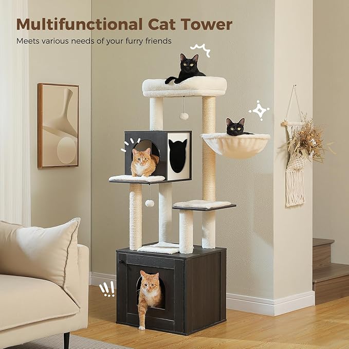 PETEPELA Cat Tree with Litter Box Enclosure, 2-in-1 Wood Cat Tower for Indoor Large Cats, 57.5'' Cat Condo with Scratching Posts, Cozy Hammock and Repalcable Dangling Balls, Black