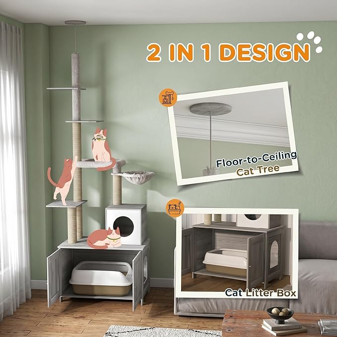 PawHut Cat Tree with Litter Box Enclosure, 2 in 1 Floor to Ceiling Cat Tower Furniture for Indoor Use, Includes Condo, Bed, Hammock, Scratching Posts, and Multiple Platforms, Gray
