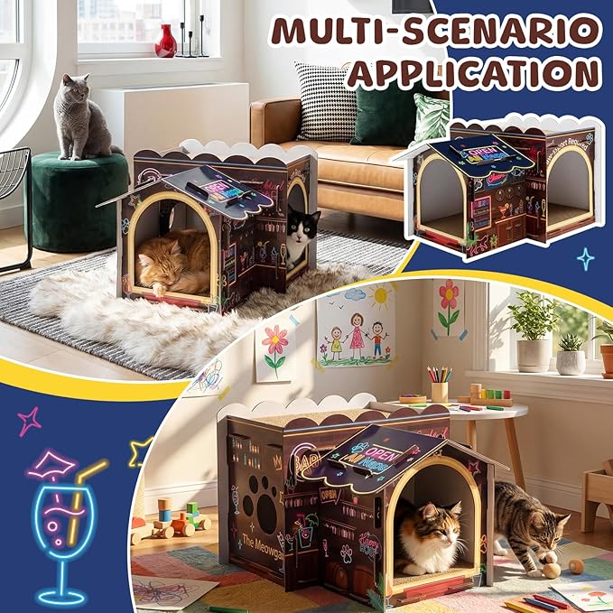 Lineshading 2 Story Cardboard Cat House with Scratcher Pad, Multi Level Durable Cat Scratcher House for Small Kitten Bunny Rabbit Animals Christmas Birthday Gift(17x12x10,Bar)