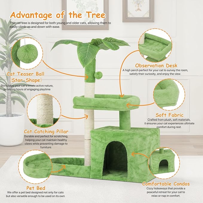 Cat Tree, 32 Inch Cat Tower with Scratching Posts, 1 Caves,1 Pompom,1 Hammock, Green Leaves and Cozy Condo, Cat House Cat Tree for Indoor Cats Large Adult - Green