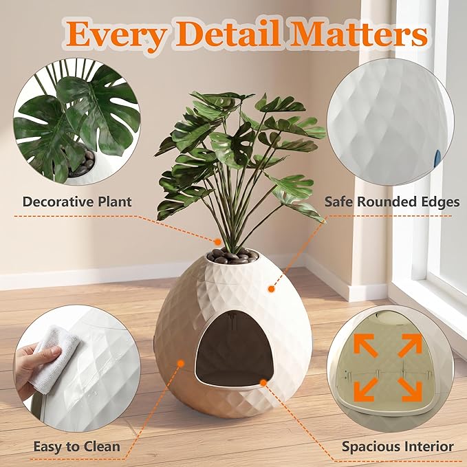 Hidden Cat Litter Box, Hidden Litter Box with Faux Plant & Pebbles, Easy to Assemble and Clean, Suitable for Living Room, Bedroom, Corner, Easy Clean, Indoor