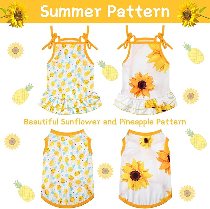 Frienda 4 Pieces Dog Clothes Set Include 2 Pcs Cute Pet Dress Lovely Dog Dress and 2 Pcs Breathable Pet T Shirt Puppy Clothes(Pineapple, Sunflower,Small)