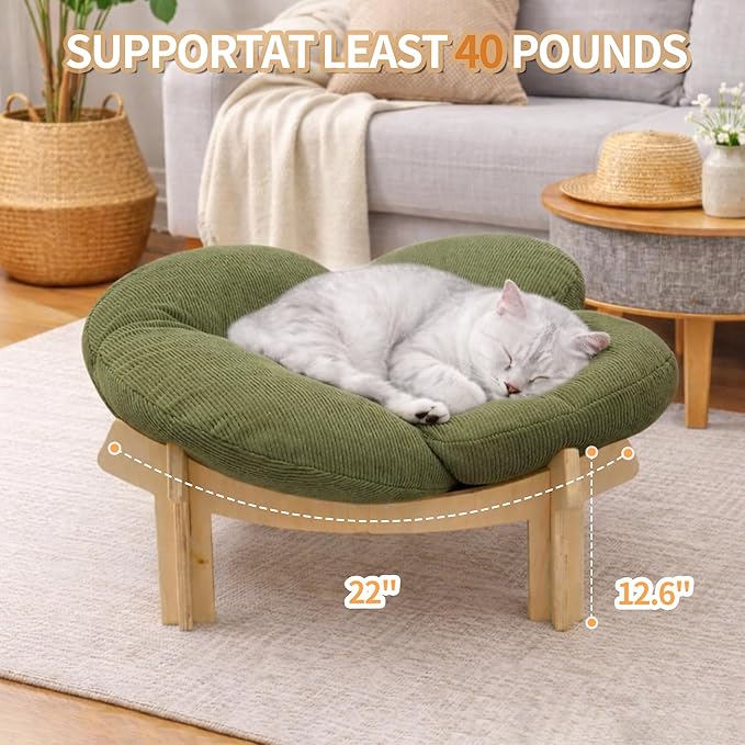 Elevated Wooden Cat Bed with Fluffy Removable Cushion, Modern Petal Shaped Cat Couch Sofa for Indoor Cats Small Dogs 40lbs Capacity Easy to Assemble (Green)