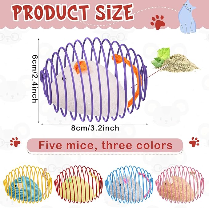 Jecery 5 Pcs Cat Spring Toys Stretchable Rolling Balls Colorful Playful Coils Interactive Action Toy Caged Rats for Kitten Pet Supplies (Catnip Rats,Soft Color)