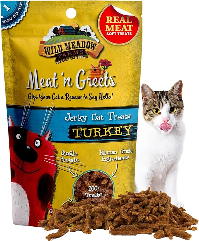 Cat Treats - Meat 'N Greets - Soft Jerky Treats with Real Meat, High Protein, Grain-Free, Perfect for Training & Rewarding, All Natural Snacks for Cats - Turkey Flavor