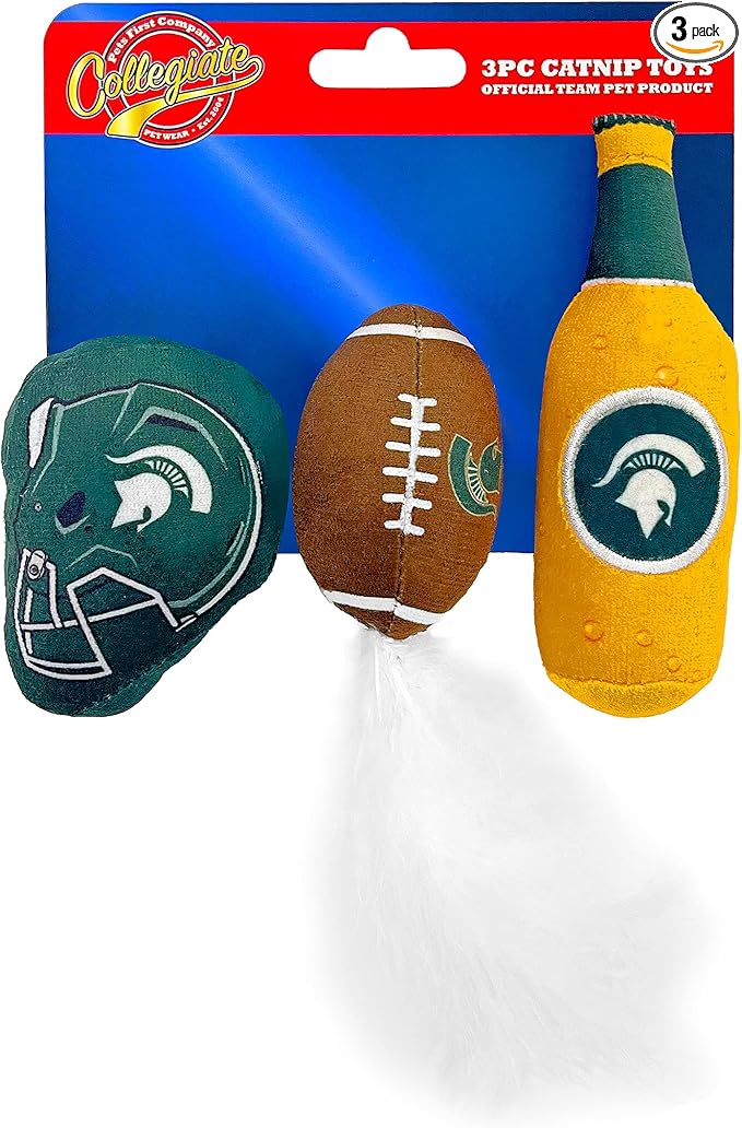 BEST PLUSH CAT TOY: NCAA MICHIGAN STATE SPARTANS Complete Set of 3 piece Cat Toys filled with Fresh Catnip. Includes: 1 Helmet Cat Toy, 1 Football Cat Toy with Feathers & 1 Beer Bottle. With Team LOGO