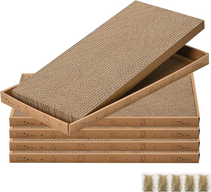 Cat Scratcher Cardboard with Box Durable Corrugate Scratching Kitty Sofa Lounge Bed Reversible Catnip Included for Indoor Cats, Cat Scratching Pad, Cat Post, Double-Sided Design, Large (Box,5pcs)