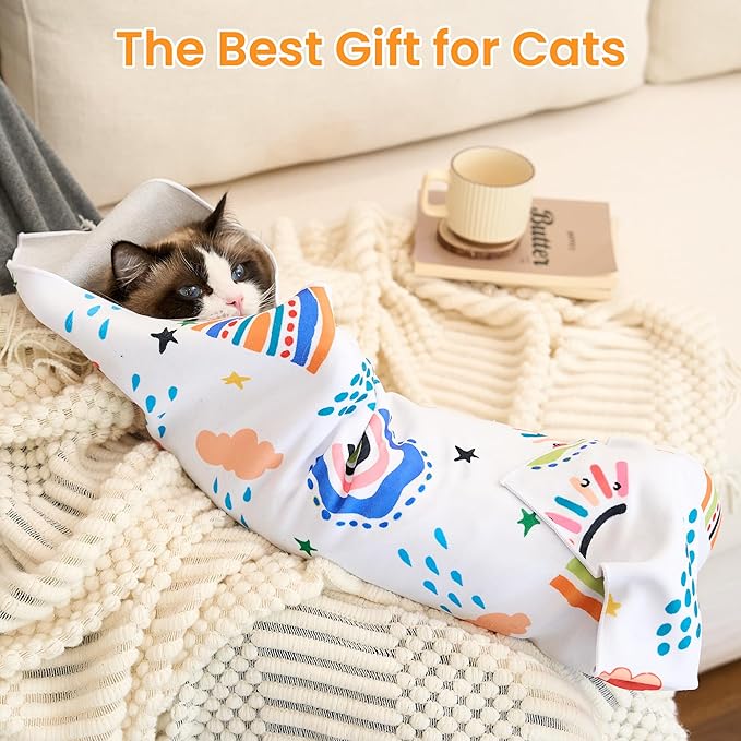21.7'' Cat Grooming Wrap for Cutting Nails Self-Adhesive Soft Polyester Fabric Swaddle Wrap for Cats Anti-Scratch Anti-Escape Restraint for Nail Clipping Pet Cleaning and Beauty (Rainbow,L)