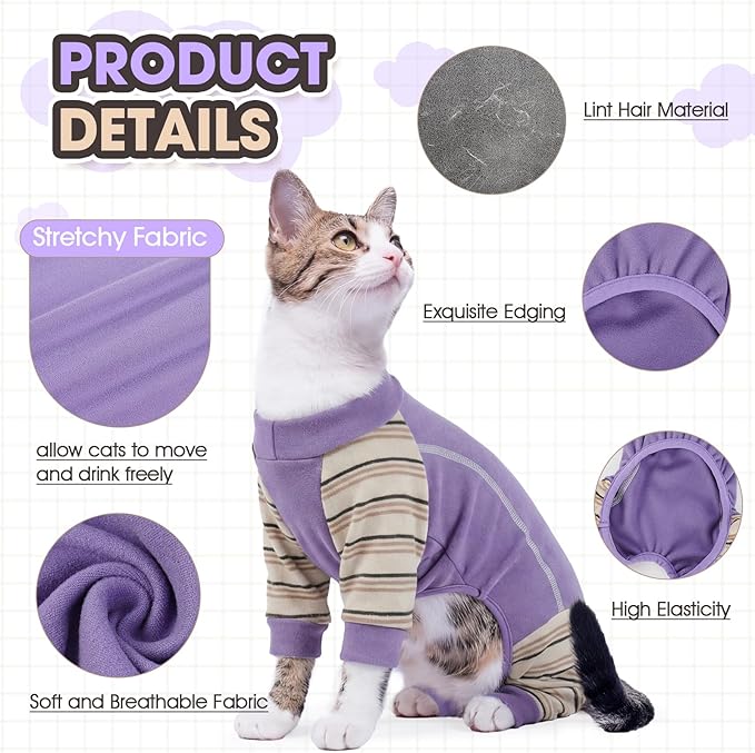 Sticky Cat Clothes, Sphynx Hairless Pajamas for Cats only, Soft Onesie for Kitten, Female Male & Hair Loss Prevention, Purple XS