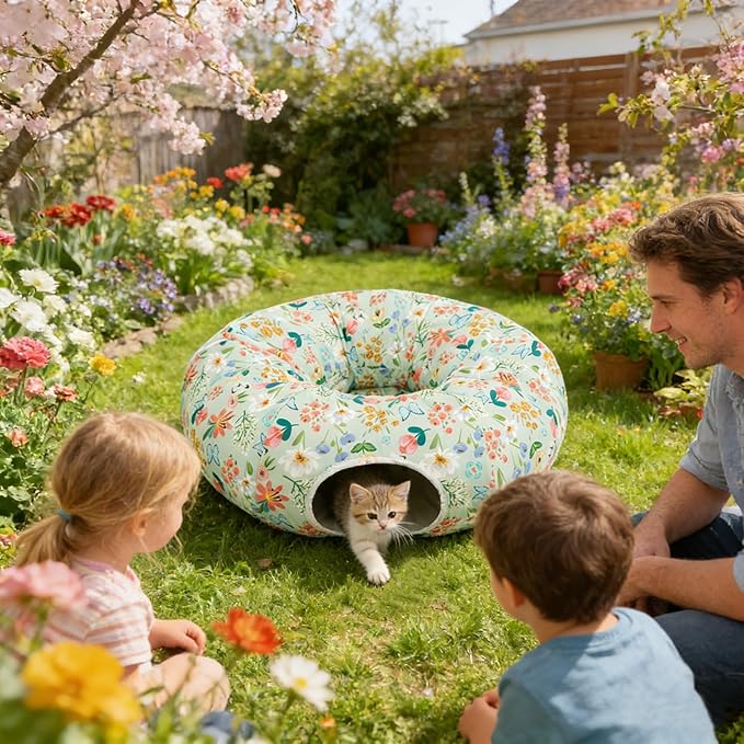 Cat Donut Tunnel for Indoor Cats in Spring & Summer, Cute Cat Tunnel Bed for Large Small Cats, Multifunctional Peekaboo Cat Cave Long Circle Playground Toys for Kitty Puppy Rabbit Ferret,Floral Design