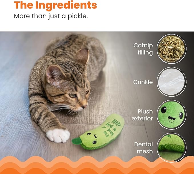 Catstages Crunchy Pickle Kicker Cat Toy – Plush Crinkle Toy with Catnip and Dental Mesh, 6.5" (Pack of 2)