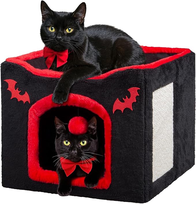 Gothic Cat House Bed for Indoor Cats Coffin Cat Condo with Scratch Pad and Fluffy Ball Toy, Foldable Hideaway Cube, Pet Bed for Kittens and Large Cats, 16.5x16.5x13in, Red Black Halloween