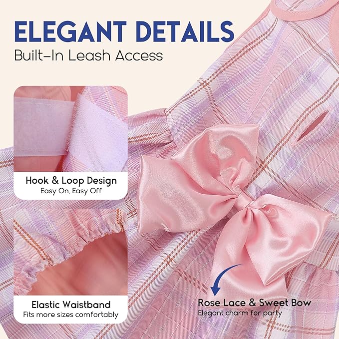 ASENKU Dog Dress Pet Wedding Dress Princess Lace Puppy Birthday Party Outfit Formal Apparel Girl for Small Medium Dogs Cats (X-Small, Pink Plaid)