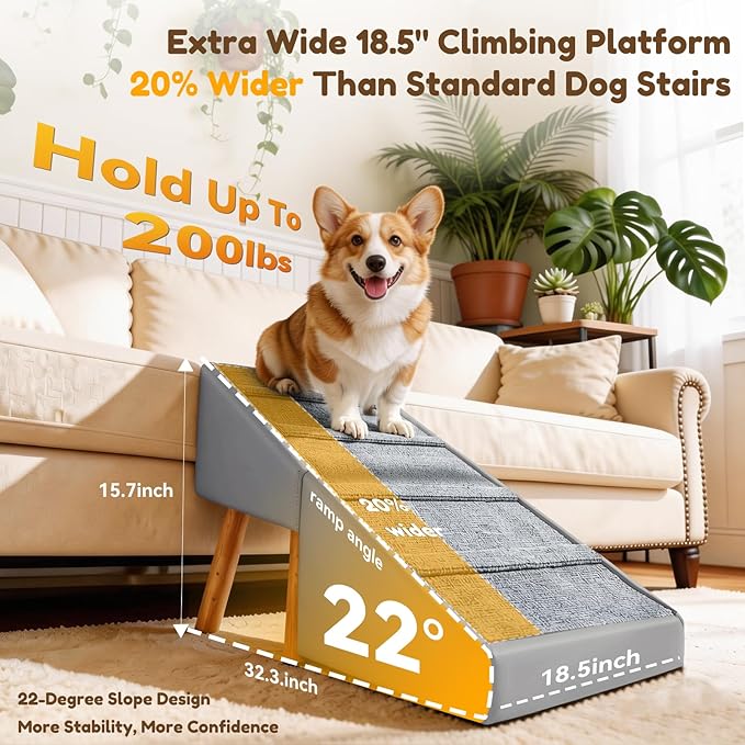 Dog Ramp for Small Dogs, 18.5" Extra Wide 3-in-1 Dog Stair with Foldable Ottoman & Hidden Storage Design, 15.7" H Safer Leather Pet Steps for Couch Sofa Bed (Grey)