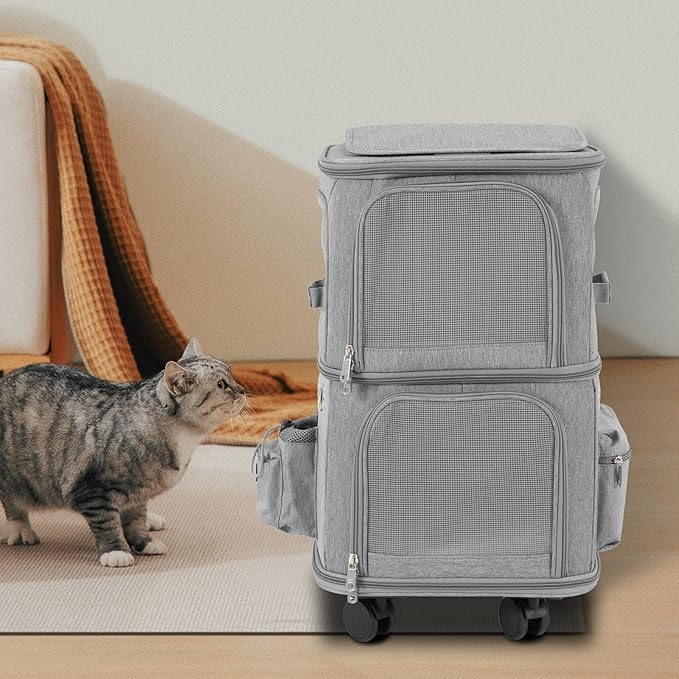 Double-Compartment Pet Carrier Backpack with Wheels for Small Cats and Dogs, Cat Rolling Carrier for 2 Cats, Perfect for Traveling/Taking a Walk/Trips to The Vet,for Up to 22 LBS (Grey)