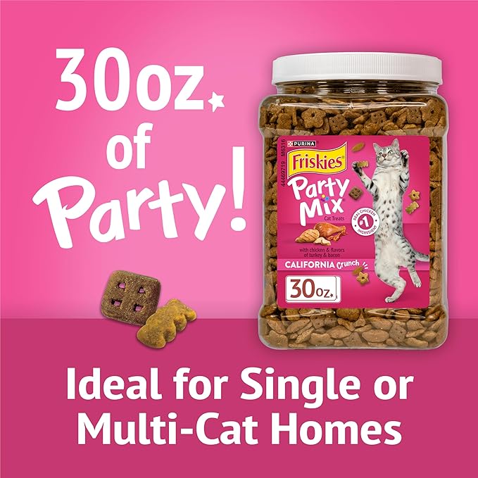 Friskies Purina Party Mix California Crunch with Chicken and Flavors of Turkey and Bacon Cat Treats - 30 oz Canister (Pack of 2)