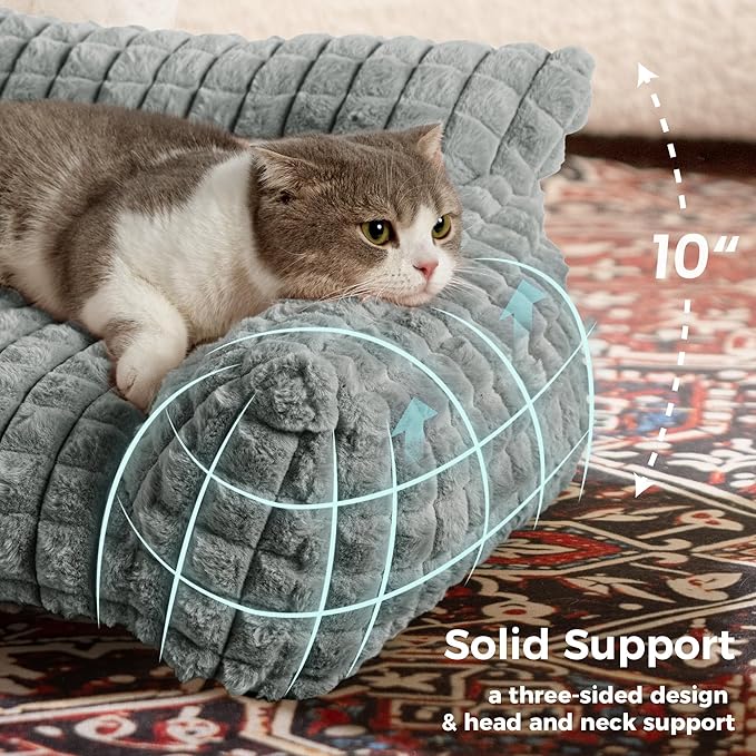 Cute Small Dog Couch Bed – Supportive & Fluffy Pet Sofa with Faux Rabbit Fur Washable Cover in 3D Diamond Pattern, 30" Grey