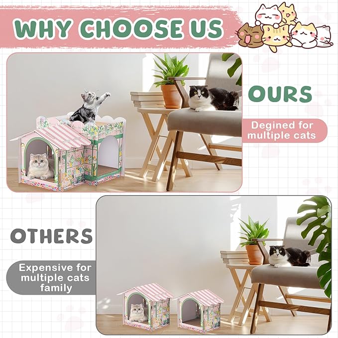 Lineshading 2 Story Cardboard Cat House with Scratcher Pad, Multi Level Durable Cat Scratcher House for Small Kitten Bunny Rabbit Animals Christmas Birthday Gift(17x12x10,Florist)