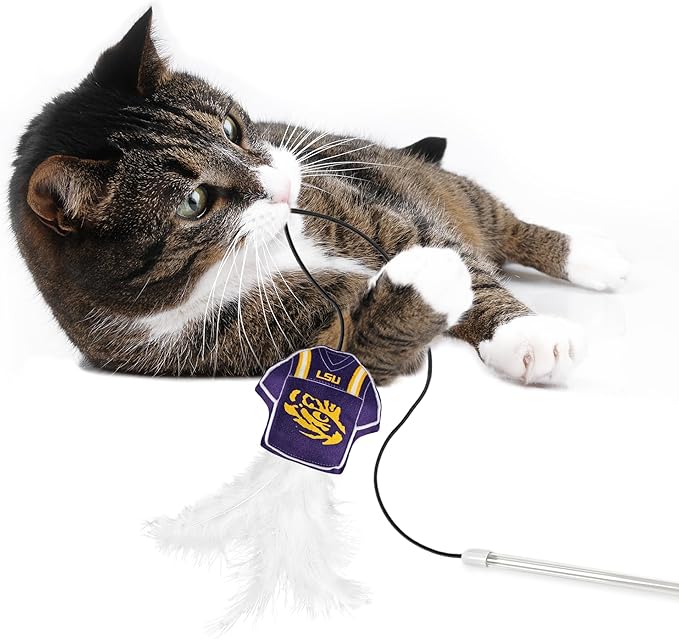 NCAA Louisiana State University Team Jersey Wand with CAT N, Cat Toy Jersey Shaped Plush Teaser Toy for Cats & Kittens - Interactive Pet Toy for Play & Exercise