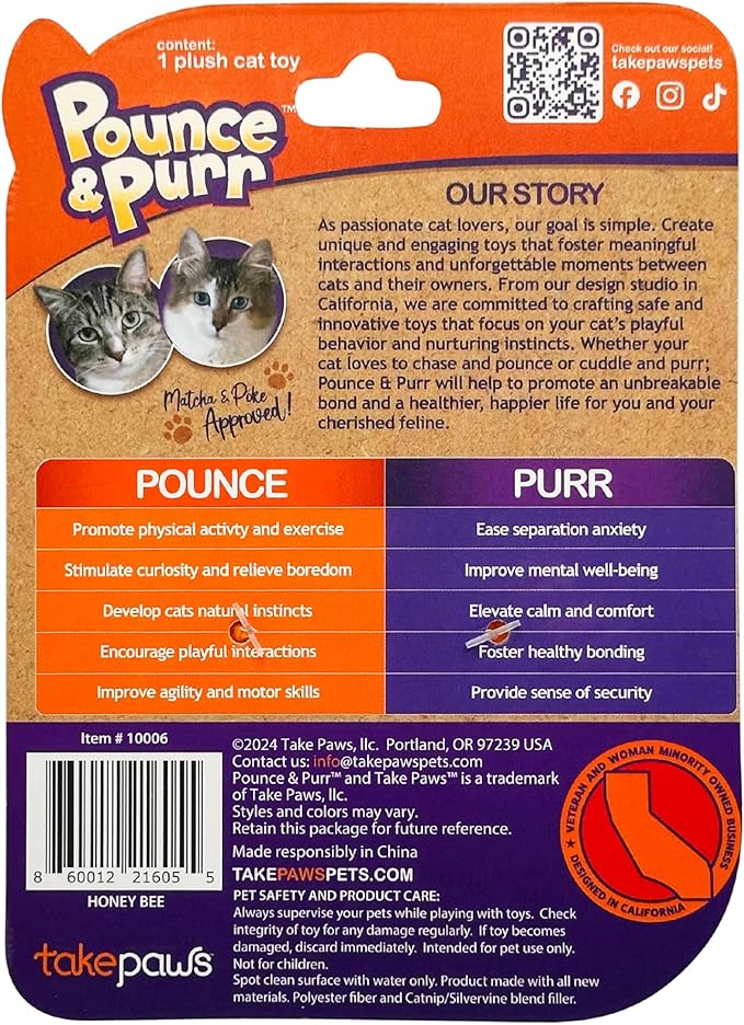 Pounce & Purr® Plush Cat Toys, Catnip & Silvervine Infused, Shiny Iridescent Accents, Interactive Play Toys for Cats & Kittens (Bee)