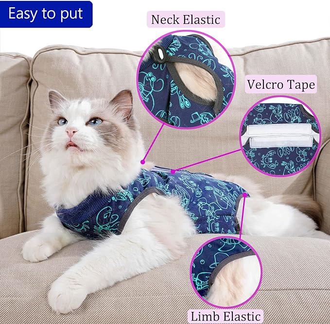 kzrfojy Cat Surgery Recovery Suit Cat Onesie for Cats After Surgery for Surgical Abdominal Wound Or Skin Diseases E-Collar Alternative Wear Neutering Bodysuit Wear (Dark-Blue-L)
