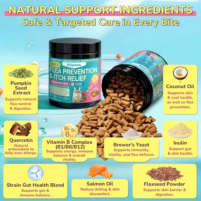Woyamay Flea Treatment for Cats & Itch Relief Chews, 500 Crunchy Cat Flea Treatment Chews, Cat Itchy Skin Relief, Cat Itching Relief & Skin Care, Flea Prevention for Cats, Chicken Flavor