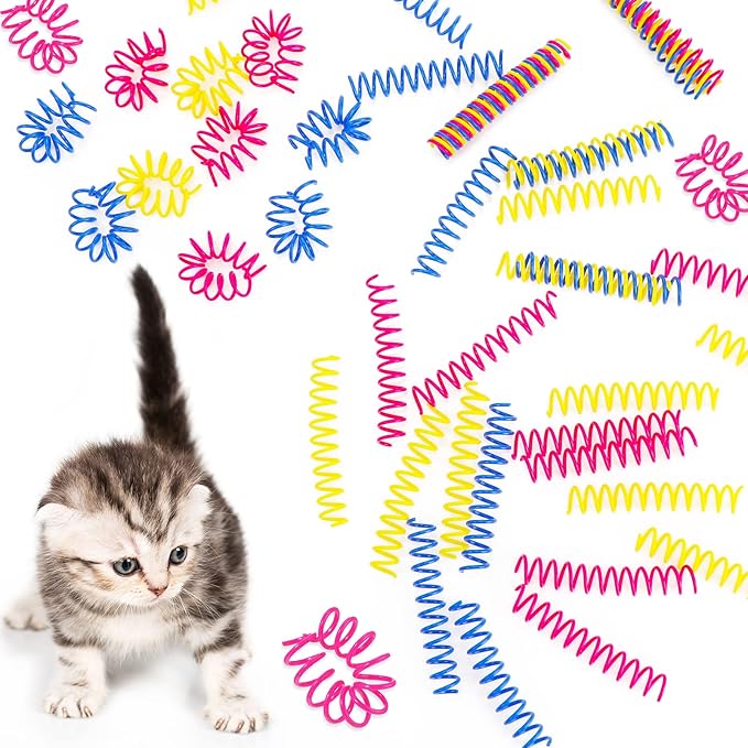 60 Pieces Thin Colorful Springs Cat Spiral Interactive Toys Kitten Cat Stuff Plastic Springs Toys, for Swatting Hunting Chasing to Keep Fit Active, Blue Yellow Pink, 3 Inch