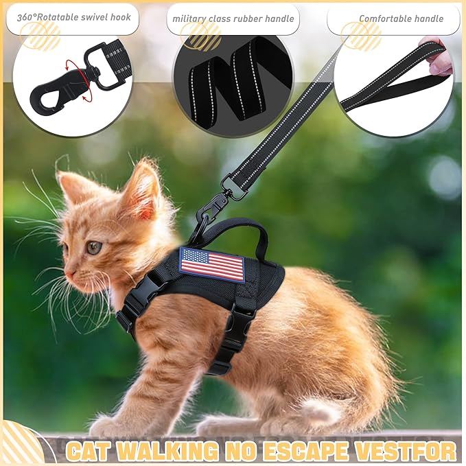 Cat Vest Harness Leash Set for Walking Escape Proof Adjustable Comfy mesh no Pull Harness for Extra Small cat Kitten Puppy Control Handle Anxiety Relief Security Vest with Velcro systerm for Outdoor