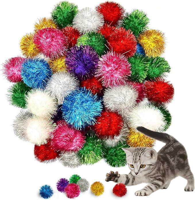 50 Pcs Cat Pom Pom Balls,2 Inch Large Assorted Color Cat Toy Balls,Sparkle Ball for Indoor Cats,Interactive Glitter Cat Toys for Exercise and Entertainment