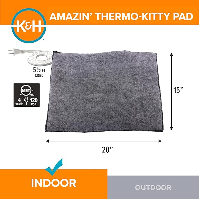 K&H Heated Cat Bed Indoor, Amazin' Thermo-Kitty Pad, Washable Cat Mat with Removable Pet Heating Pad, Traps Hair & Dander, Safety Listed, Gray - 20x15in - 4 Watt