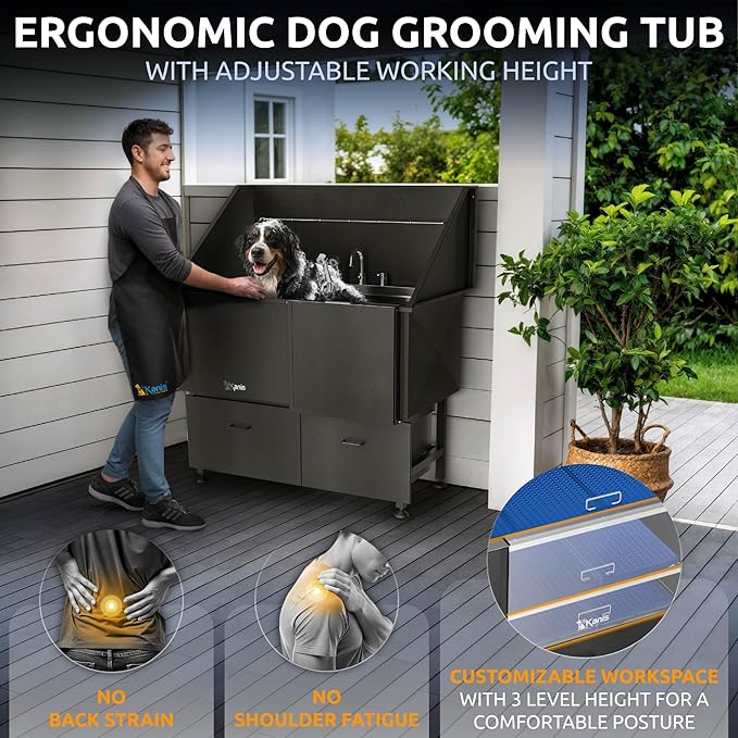 KANIS Professional Dog Washing Station 304 Stainless Steel Pet Wash Sink & Grooming Bathtub w/Shower, Floor Grates and Storage for Large, Medium & Small Pets (Black, 50 Inches, Right Ramp, 2 Drawers)