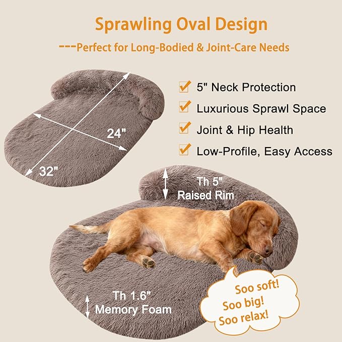 Orthopedic Dog Bed with Egg-Crate Base, Calming Dog Beds Fluffy Plush Faux Fur with Raised Edges, Spine Friendly Pet Sleeping Mat for Medium Large Dogs, Machine Washable (Oval, Brown 32"x24")