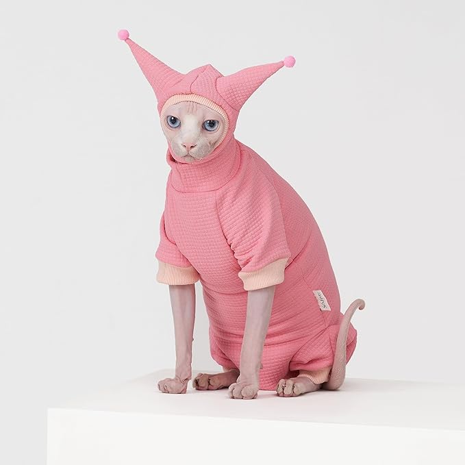 Sphynx Cat Clothes Waffle Pattern Suit, Cute Pet Hat and Shirt Set, Hairless Cat Devon Cornish Pink and Black Suit, (Large, Pink)