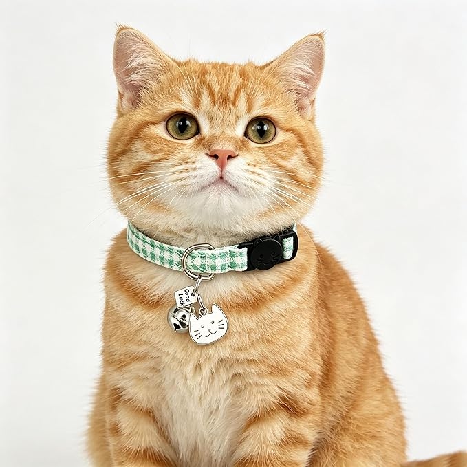 2 Pack Cotton Breakaway Cat Collars with Bell and Charms Green Solid Plaid Safety Collars for Girl Boy Cats, Cat Head and Paw Pendant Cute Kitten Collars