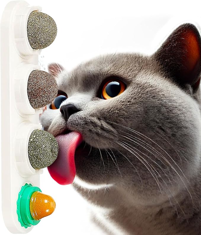 SunGrow Catnip Balls for Wall, 4 Slots - Mint, Wooden Vine, Insect Fruit, Cat Candy, Edible Kitty Chew Toys for Entertainment & Oral Care, Detachable and Rotatable Design, White, 8" x 2" x 1.5", 1 Pc 