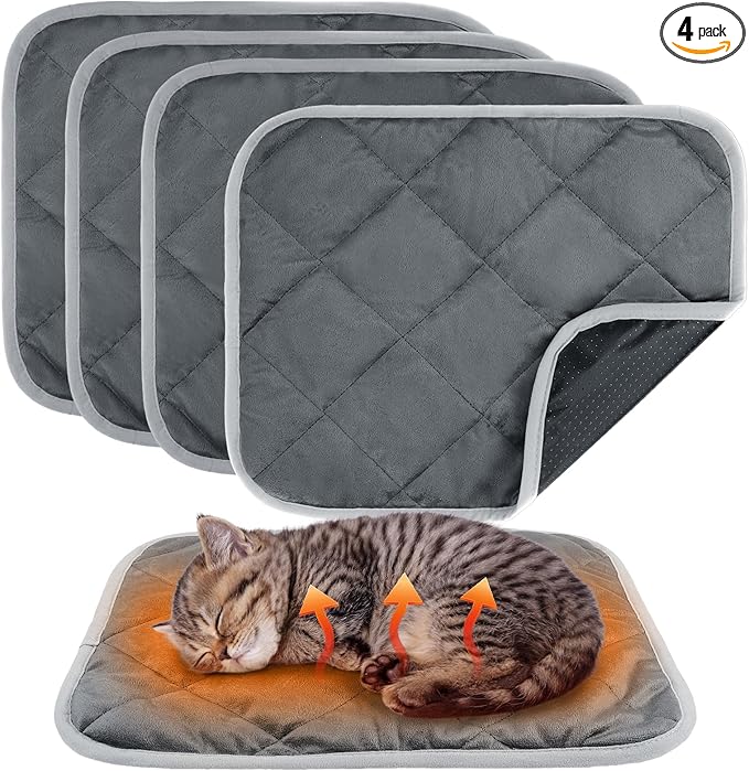 MEWTOGO 4 Pcs Self Warming Cat Bed Mat - 15.7X19.7in Soft & Warm Self-Heating Pet Pad, Washable Bed Mats Reflect Body Heat with Non-Slip Bottom for Indoor Cat Gifts