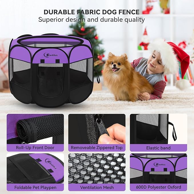 Siedihit Dog Playpen, Puppy Pet Playpen, Dog Crate Tent Cage Indoor/Outdoor, Portable Pop Up Dogs Kennel Playpen with Carrying Case for Dogs/Cats/Rabbits, Purple, Medium