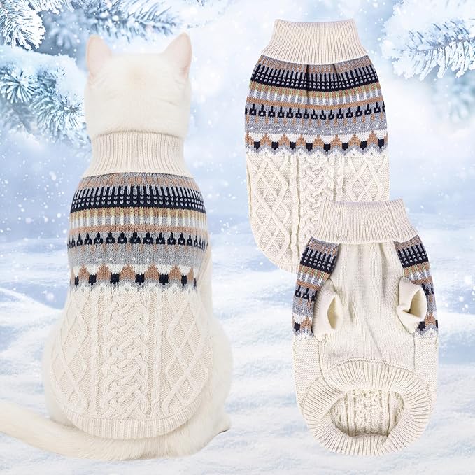 Knit Dog Sweater Turtleneck Cat Cold Weather Pullover Pet Vintage Cable Thick Warm Winter Clothes for X Small Dogs Cats Medium Pug Dachshund Yorkie (Beige, Large)