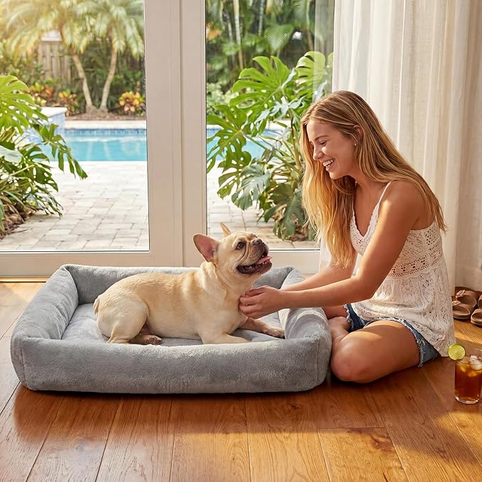 Washable Dog Bed for Large Dogs—Removable Inner Cushion & Reversible Design (Ice Silk Cooling Layer|Sherpa Fleece Layer), Non‑Slip Bottom Dog Beds for Crate, Medium, Small Dogs, Grey (24" X 15")
