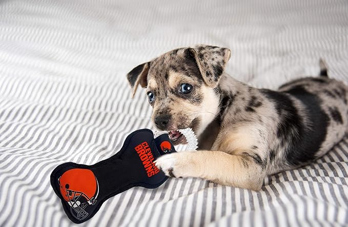 Pets First NFL Cleveland Browns Football Dental Tough Dog TUG Bone Toy with Built-in Squeaker Attached to a Safe Rubber Teething Toothbrush PET Toy, Team Color, 14 x 5 (CLE-3310)