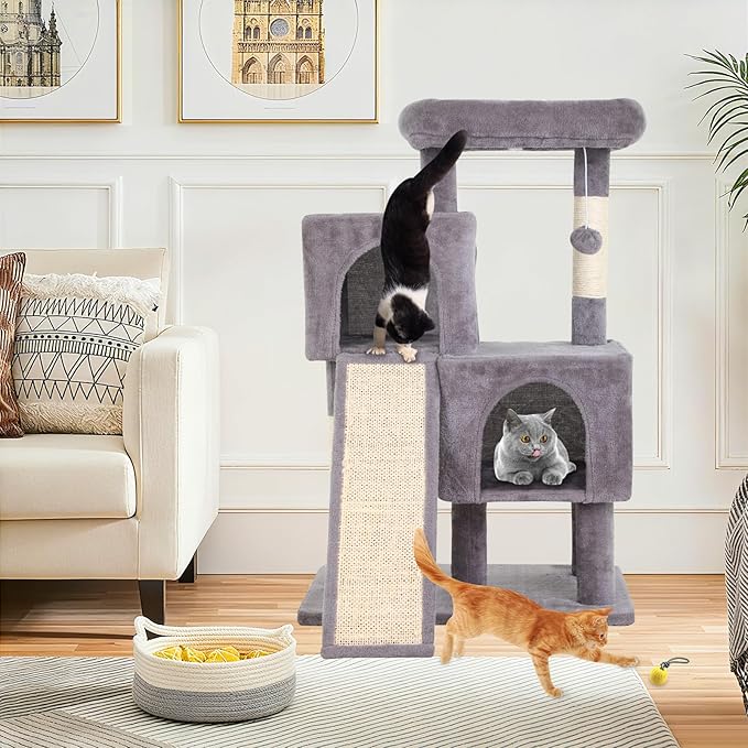 36 Inches Cat Tree for Indoor Cats, Multi-Level Cat Tower with Scratching Posts, Ramp, Plush Perch & 2 Condos, Stable for Multiple Cats Kittens House & Small Room(Ashy)